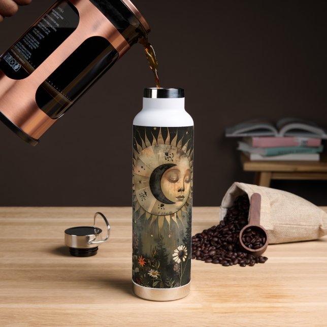 Boho Celestial Sun Moon Wildflower Garden Water Bottle (Coffee (Rotated))