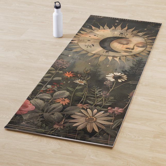 Boho Celestial Sun Moon Wildflower Garden Yoga Mat (In Situ)
