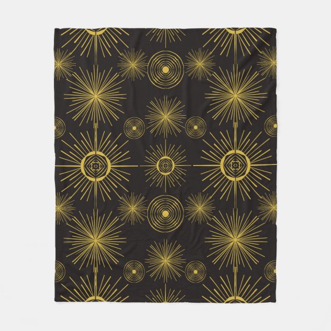 Boho Celestial Sun Stars Black Pattern Fleece Blanket (Front)