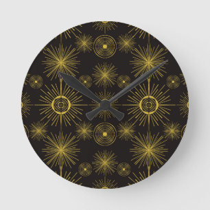 Boho Celestial Sun Stars Black Pattern Round Clock