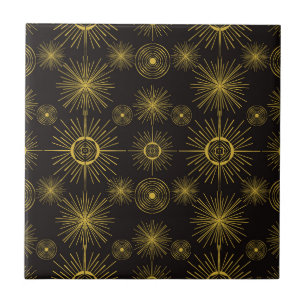 Boho Celestial Sun Stars Black Pattern  Tile