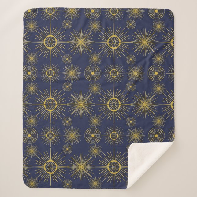 Boho Celestial Sun Stars Blue Pattern  Sherpa Blanket (Front)