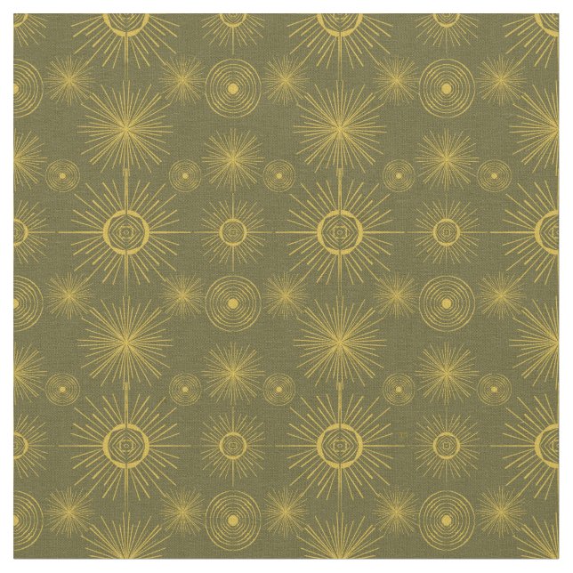 Boho Celestial Sun Stars Green Pattern Fabric (Close Up)