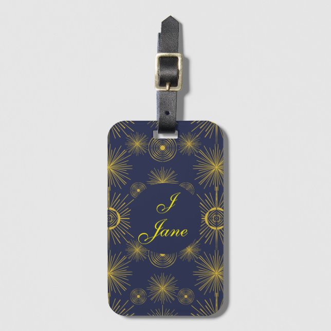 Boho Celestial Sun Stars Personalised Blue  Luggage Tag (Front Vertical)