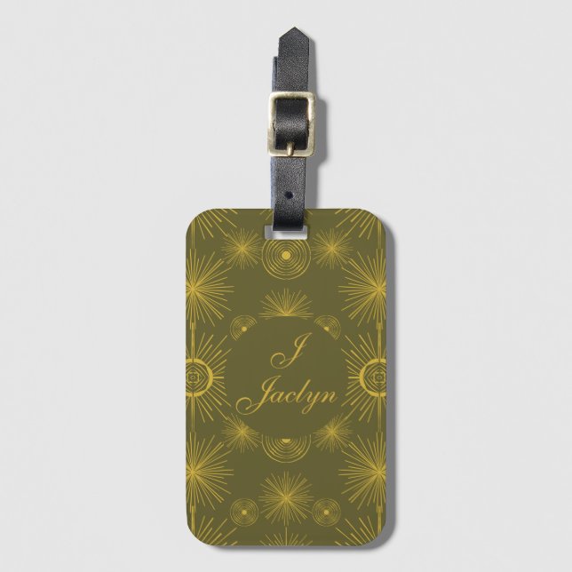 Boho Celestial Sun Stars Personalised Green  Luggage Tag (Front Vertical)
