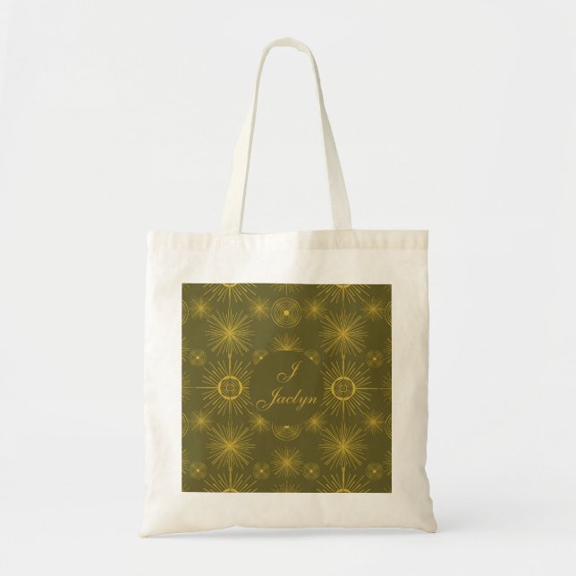 Boho Celestial Sun Stars Personalised Green  Tote Bag (Front)