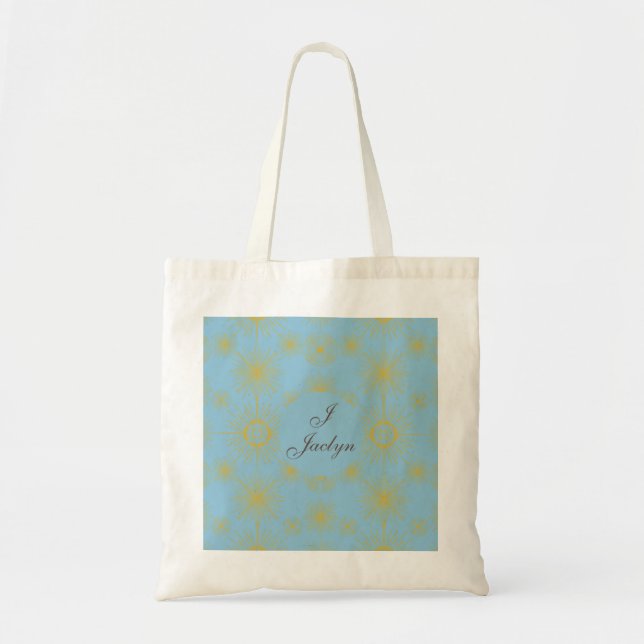 Boho Celestial Sun Stars Personalised Sky Blue Tote Bag (Front)