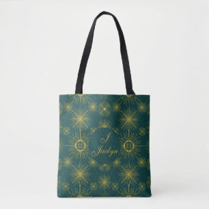 Boho Celestial Sun Stars Personalised Teal Tote Bag