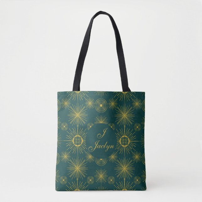 Boho Celestial Sun Stars Personalised Teal  Tote Bag (Front)