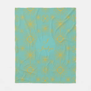 Boho Celestial Sun Stars Personalised Turquoise Fleece Blanket