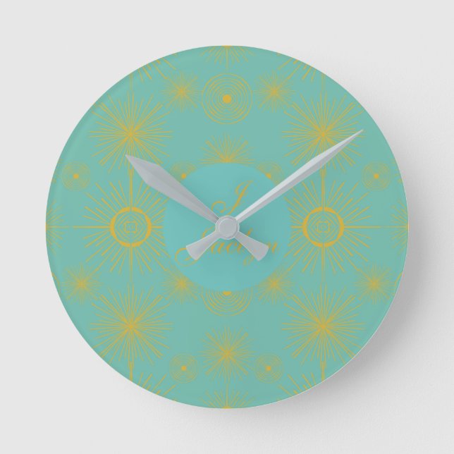 Boho Celestial Sun Stars Personalised Turquoise  Round Clock (Front)