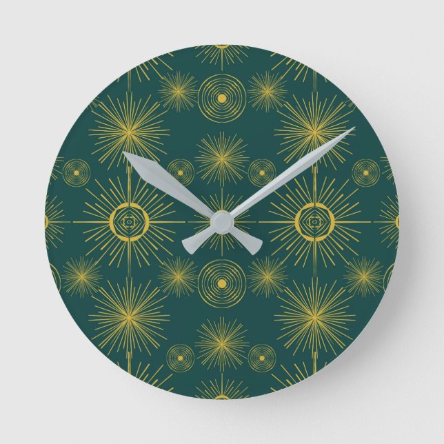 Boho Celestial Sun Stars Teal Pattern  Round Clock (Front)