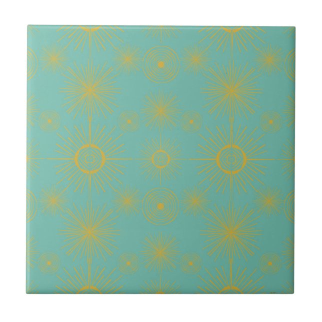 Boho Celestial Sun Stars Turquoise Pattern Tile (Front)