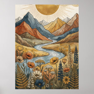 Boho Celestial Sunburst Mountain River Lupin Poster