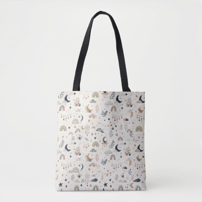 Boho Celestial Tote Bag | Neutral Moon and Stars (Front)