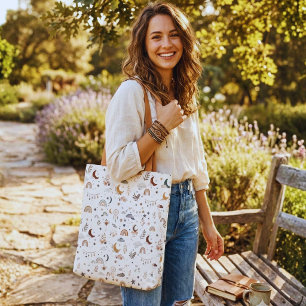 Boho Celestial Tote Bag Neutral Moon and Stars