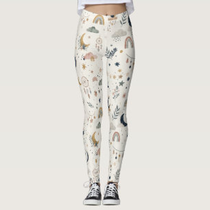 Boho Celestial Women Neutral Moon Stars Leggings