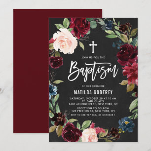 Boho Chalkboard Burgundy Floral Wreath Baptism Invitation