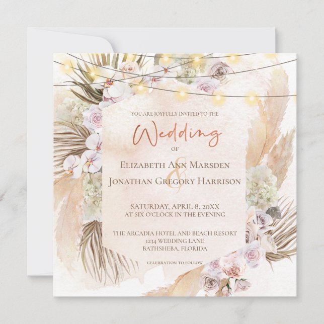 Boho Champagne Blush Terracotta Pampas Floral Invitation (Front)