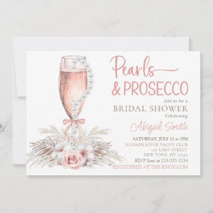 Boho Champagne Glass Pearls&Prosecco Bridal Shower Invitation