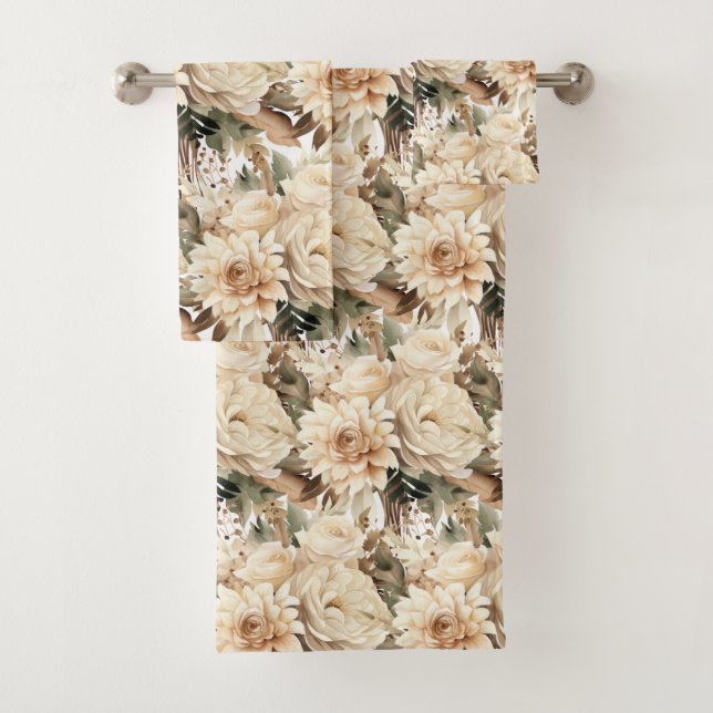 Boho Champagne Gold Ivory Cream Beige Tan Floral Bath Towel Set (Insitu)