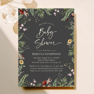Boho Charcoal Grey Wildflowers Baby Shower Invitation