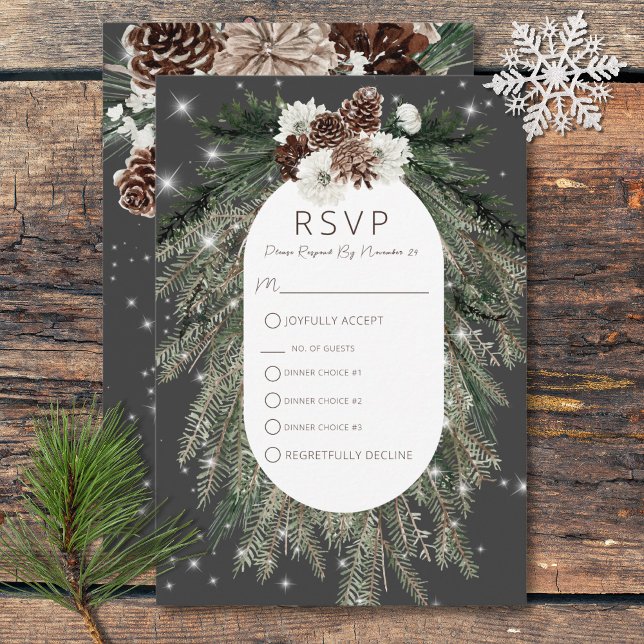 Boho Charcoal Pine Winter Sparkle Three Dinner RSVP Card (Boho Charcoal Pine Winter Sparkle Three Dinner RSVP Card)