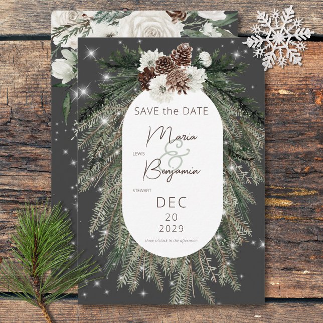 Boho Charcoal Pine Winter Sparkle Wedding Save The Date (Boho Charcoal Pine Winter Sparkle Wedding Save The Date)
