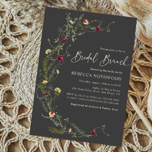 Boho Charcoal Wildflower Half Wreath Bridal Brunch Invitation