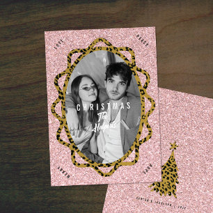 Boho Cheetah & Rose Glitter Oval Photo Christmas Holiday Card