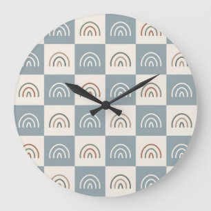 Boho Chequered Rainbow Minimalist Pattern Large Clock
