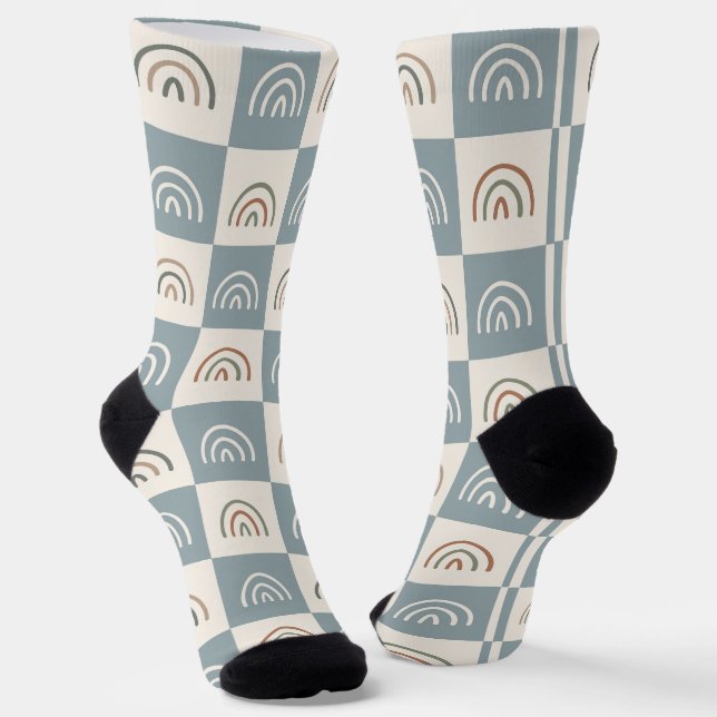 Boho Chequered Rainbow Minimalist Pattern Socks (Angled)