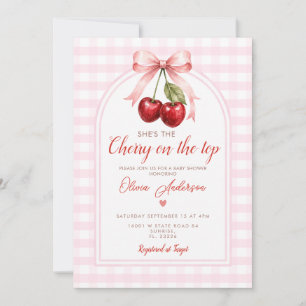 Boho Cherry on Top Baby Shower Pink Bow Gingham Invitation
