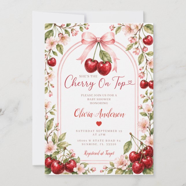 Boho Cherry on Top Baby Shower Pink Bow Gingham Invitation (Front)