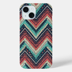 Boho Chevron Pattern Teal, Coral & Cream Zigzag iPhone 15 Case