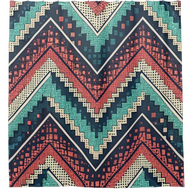 Boho Chevron Pattern | Teal, Coral & Cream Zigzag  Shower Curtain (Front)