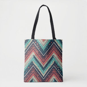 Boho Chevron Pattern Teal, Coral & Cream Zigzag Tote Bag