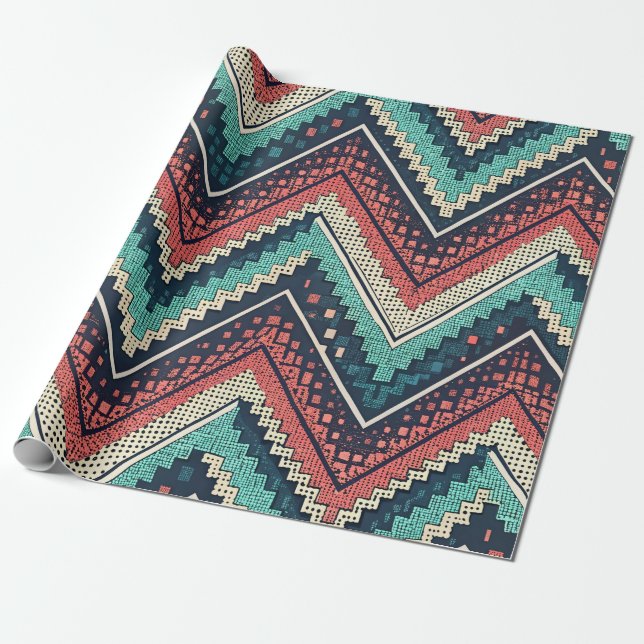 Boho Chevron Pattern | Teal, Coral & Cream Zigzag  Wrapping Paper (Unrolled)