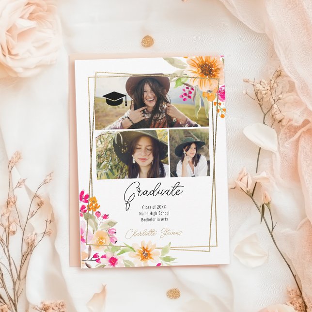 Boho Chic 3 Photo Watercolor Floral Graduation Announcement (Boho Chic 3 Photo Watercolor Floral Graduation Announcement)