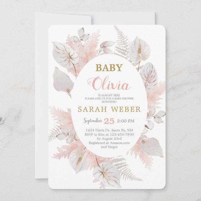 Boho chic anthurium floral baby girl shower invitation (Front)
