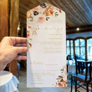 Boho Chic Autumn Gold Leaves Floral Wedding All In One Invitation