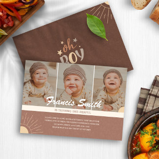 Boho Chic Baby Boy Onederful 1st Birthday Photo Invitation