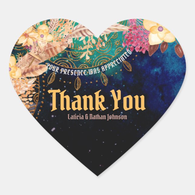 Boho Chic Baby Shower Bohemian Floral & Feathers Heart Sticker (Front)