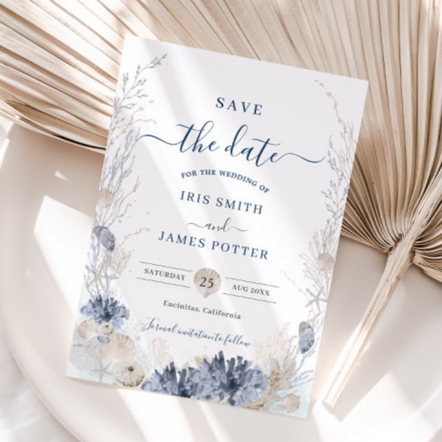 Boho Chic Beach Resort Destination Wedding  Save The Date (boho chic beach wedding save the date cards pastel soft blue corals reefs shells oceanfront resort)