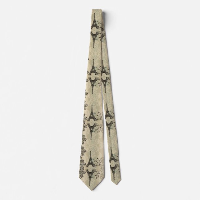 Boho Chic beige Damask Paris Eiffel Tower Tie (Front)