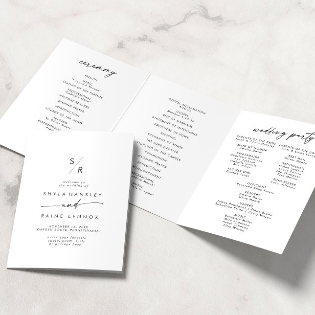Boho Chic Black and White Monogram Wedding Tri-Fold Programme (Creator Uploaded)