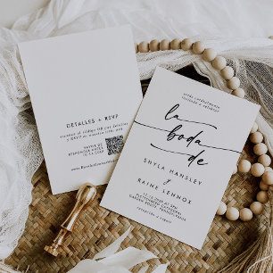 Boho Chic Black and White QR Code Spanish Wedding Invitation