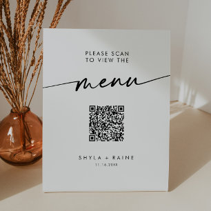 Boho Chic Black and White QR Code Wedding Menu Pedestal Sign