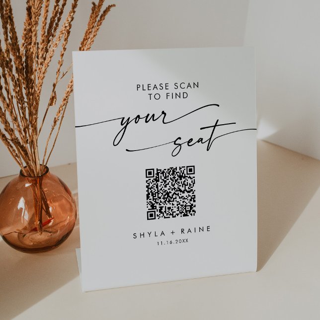 Boho Chic Black and White Seating Chart QR Code Pedestal Sign (Creator Uploaded)