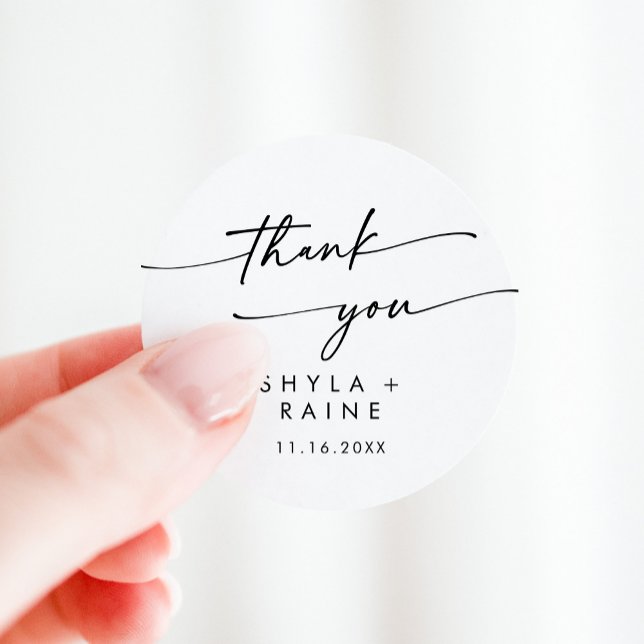 Boho Chic Black and White Thank You Wedding Favour Classic Round Sticker (Creator Uploaded)